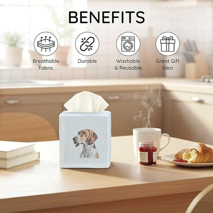 EmbroideryLinen.VN Tissue Box Cover Set of 2, Square Linen Tissue Holder, Printed Animal Pattern, 4.5x4.5x5.5 Inches, Decorative Holder for Bathroom, Living Room, Office (Dog - Ivory)