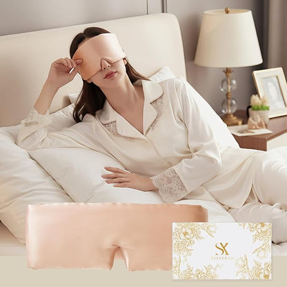 100% Mulberry Silk Sleep Mask, Eye Mask for Deep Sleep and Travel, Soft Breathable Eye Cover with Adjustable Headband (Rose Gold)