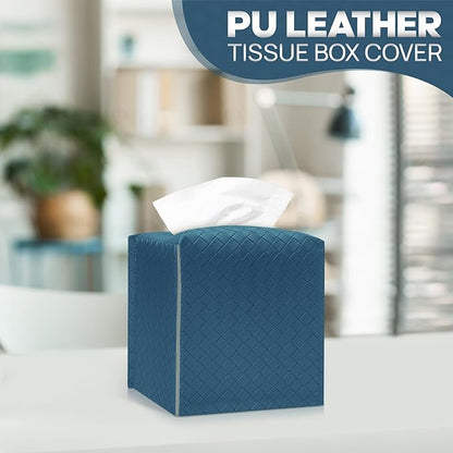 Tissue Box Cover Holder, PU Leather Tissue Box Cover with Braided Pattern, Square Tissue Holder with Bottom Belt, Modern Organizer for Bathroom, Car, Office, Tabletop (Ink Blue, 12 Braided Patterns)