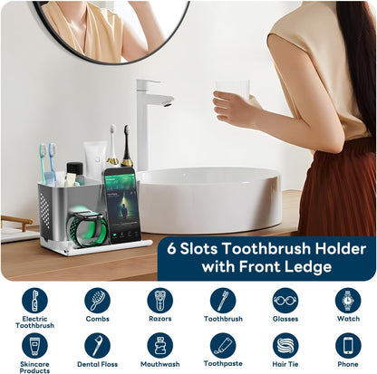 Bathroom Countertop Organizer with Front Ledge for Phone, Detachable Kids Toothbrush Holders with Cord Slots and Ring Holder, 6 Slots Toothbrush Toothpaste Holder with Drainage for Family
