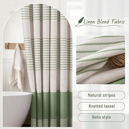 XOGUIBO Sage Green Shower Curtain Boho Linen Striped Shower Curtains for Bathroom with Tassel 72 X 78