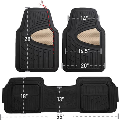FH Group Automotive Floor Mats Tall Channel Beige Universal Fit Full Set Climaproof™ for Most Sedan, SUV and Trucks, Trimmable Rubber Combo Small Car Seat Cover Design Heavy-Duty Floor Mats for Car