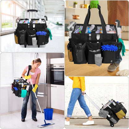 Extra Large Rolling Cleaning Caddy Bag with Detachable, Foldable Trolley Portable Cleaning Cart for Housekeeping Cleaning Caddy with Adjustable Shoulder Strap and Multiple Storage Pockets