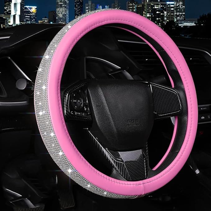 Bling Diamond Leather Steering Wheel Cover for Women Girls with Crystal Rhinestones, Universal Fit 14.5-15 Inch Car Steering Wheel Cover Accessories
