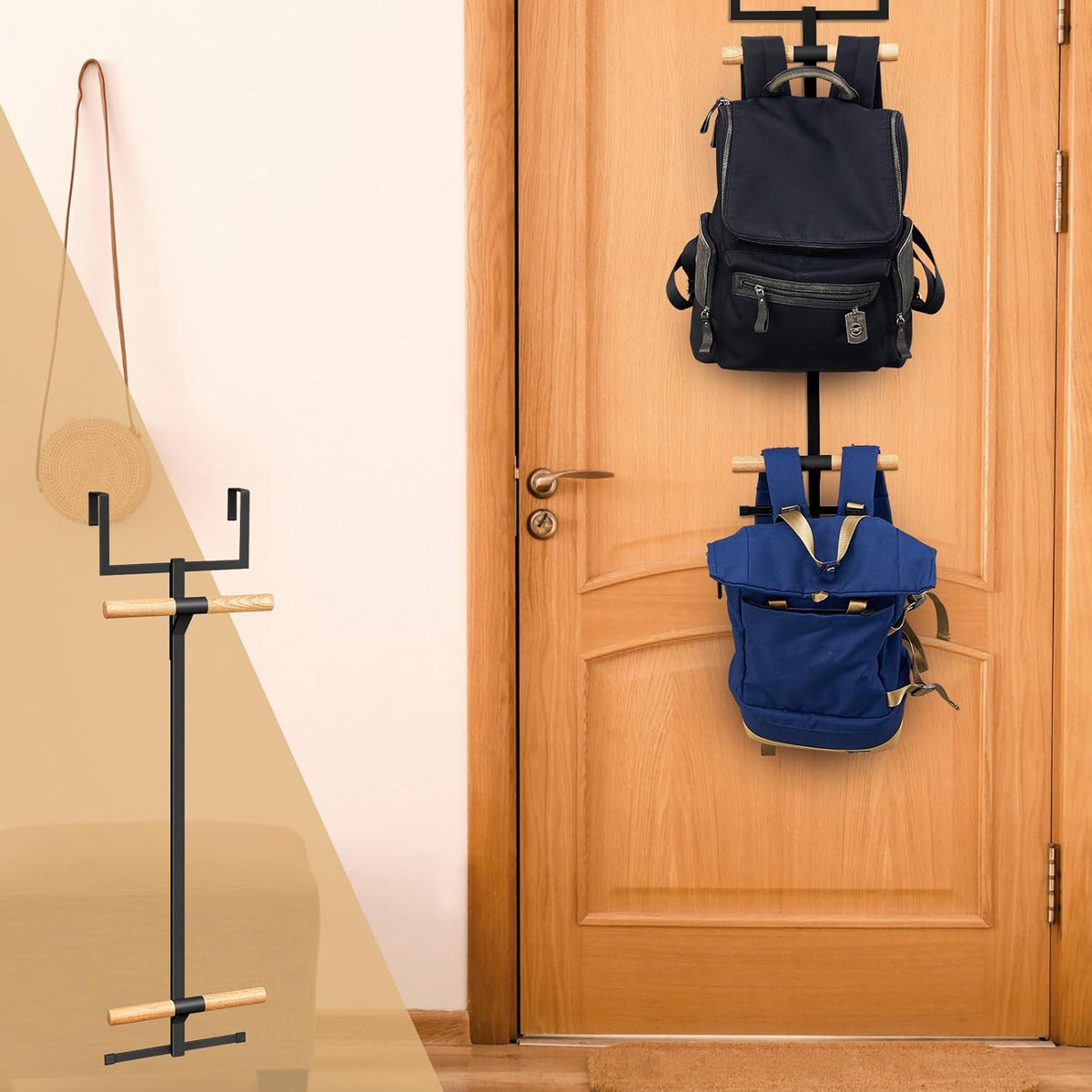 Over The Door Backpack Hanger, Backpack Hanger for Closet, Two Tiered Metal Storage Rack Backpacks Hooks, Heavy Duty Hook Storage for Schoolbag, Easy Installation(Black,1)