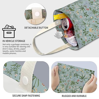Cute Car Trash Can, Hanging Canvas Car Back Seat Organizer and Storage Bag, Funny Car Trash Bag For Travelling, Outdoor Cute Blue Green Floral