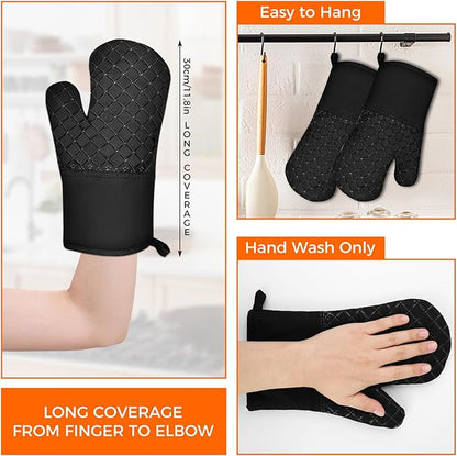 2 Pcs Oven Mitts Heat Resistant for Kitchen, Kitchen Oven Gloves, Long Oven Mitts and Pot holder with Non-Slip Silicone Stripe and Soft Cotton Lining, Silicone Oven Mitts for Cooking Baking BBQ Gloves