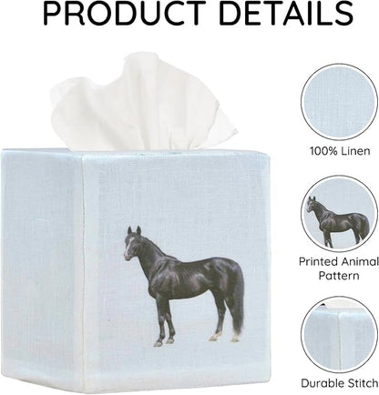 EmbroideryLinen.VN Tissue Box Cover Set of 2, Square Linen Tissue Holder, Printed Animal Pattern, 4.5x4.5x5.5 Inches, Decorative Holder for Bathroom, Living Room, Office (Horse - Ivory)