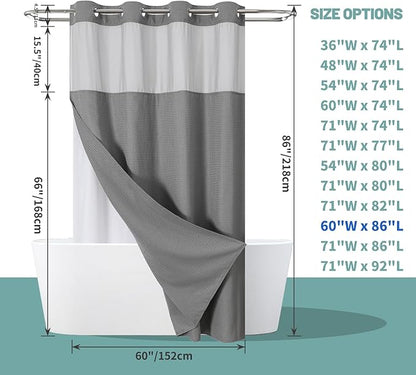 eachope Grey No Hook Waffle Weave Shower Curtain with snap-in Liner Replacement, 230GSM Waterproof Fabric Hotel Shower Curtain Set for Bathroom, Through Mesh Top Window,60Wx86H
