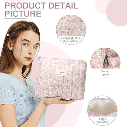 Gosect 2PC Makeup Bag Set, Cute Cosmetic Bag for Women Girls, Floral Coquette Aesthetic Toiletry Bag, Travel Make Up Organizer Bag (Pink Flower)
