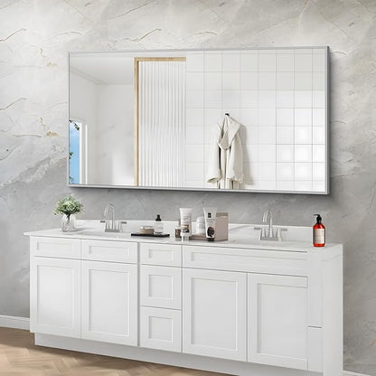 30x55In Silver Bathroom Mirror for Wall, Brushed Nickel Rectangle Mirrors