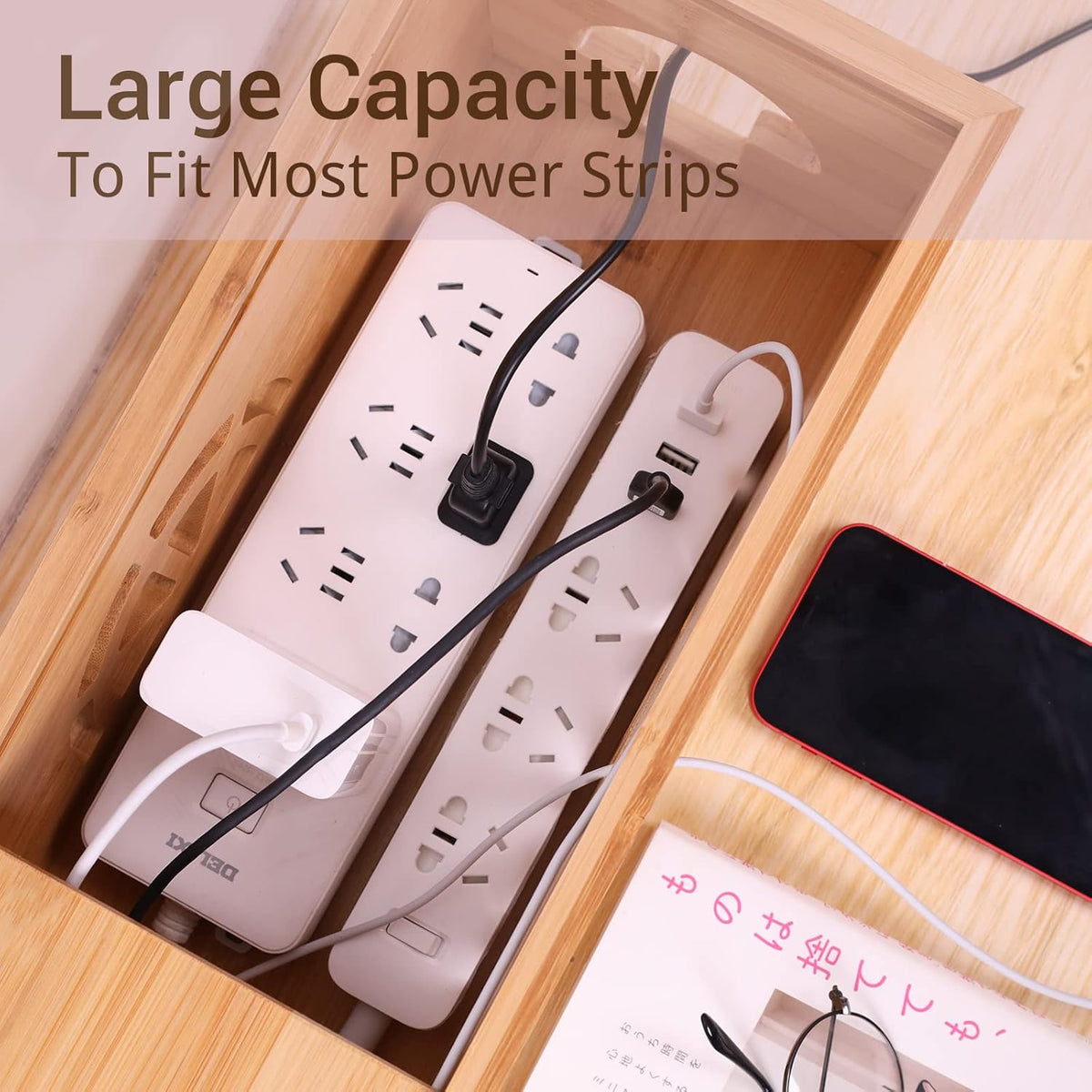 Extra Large Cable Management Box with Lid, Bamboo Cable Box for Cords, Power Strips or Surge Protectors, Hide Loose Wires Behind TVs, Home, Computers, Office Desks by HTB