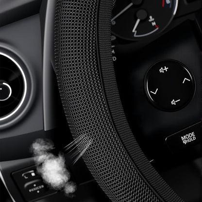 Black Mesh Steering Wheel Cover, Universal 15 inch, Elastic Stretch Microfiber Breathable Ice Silk Cover, Anti-Slip, Odorless, Sweat Absorption, Warm in Winter and Cool in Summer