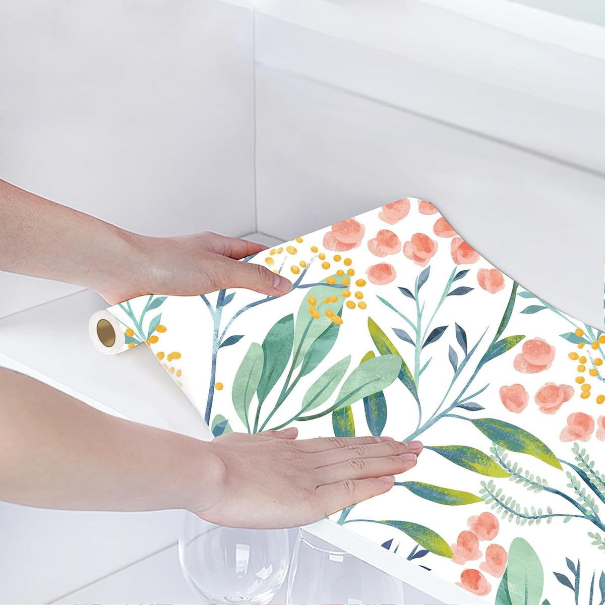 HAOKHOME Shelf Liner and Cabinet Liner Boho Flroal, Self-Adhesive Drawer Liners, Peel and Stick Contact Paper for Kitchen Cabinets and Cupboard, Bathroom Drawers, White/Green/Pink 17.3in x 6.5ft