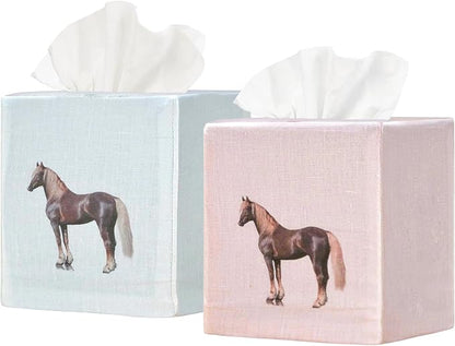 EmbroideryLinen.VN Tissue Box Cover Set of 2, Square Linen Tissue Holder, Printed Animal Pattern, 4.5x4.5x5.5 Inches, Decorative Holder for Bathroom, Living Room, Office (Horse - Ivory & Pink)