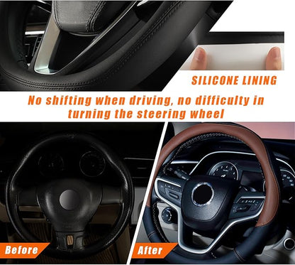 Ziciner Steering Wheel Cover, Soft Leather Premium Durable Elastic Auto Wheel Cover Protector, Stretch Breathable Anti-Slip Lining, Universal 14.5-15 inch Car Interior Accessories (Coffee)