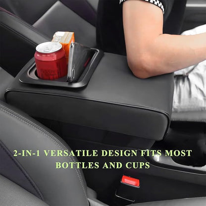 Car Center Console Armrest Pillow, Leather Auto Arm Rest Cover Protector with Cup Holder and Phone Holder, Memory Foam Armrest Cushion for Most Vehicles (Black, Glossy)