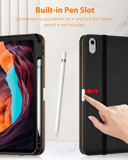 DTTO for iPad (A16) 11th Generation Case 11 Inch 2025, iPad 10th Generation Case 10.9 Inch 2022, Premium Leather Business Folio Stand Cover with Pencil Holder - Auto Wake/Sleep, Black Brown