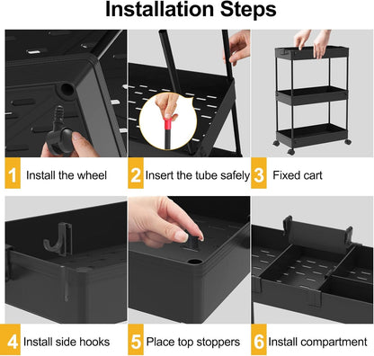 SPACELEAD Slim Storage Cart 3 Tier,Bathroom Organizer Rolling Utility,Mobile Shelving Unit Slide Out for Office, Kitchen, Laundry Room & Narrow Places,Black