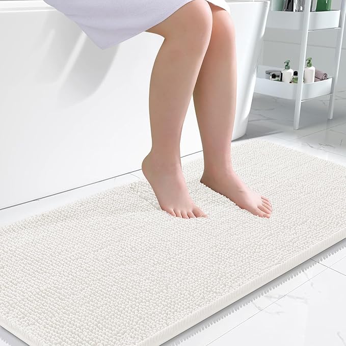 OLANLY Bathroom Rugs 47x24, Extra Soft Absorbent Chenille Bath Rugs, Rubber Backing Quick Dry, Machine Washable Bath Mats for Bathroom Floor, Tub and Shower, Home Decor Accessories, Ivory