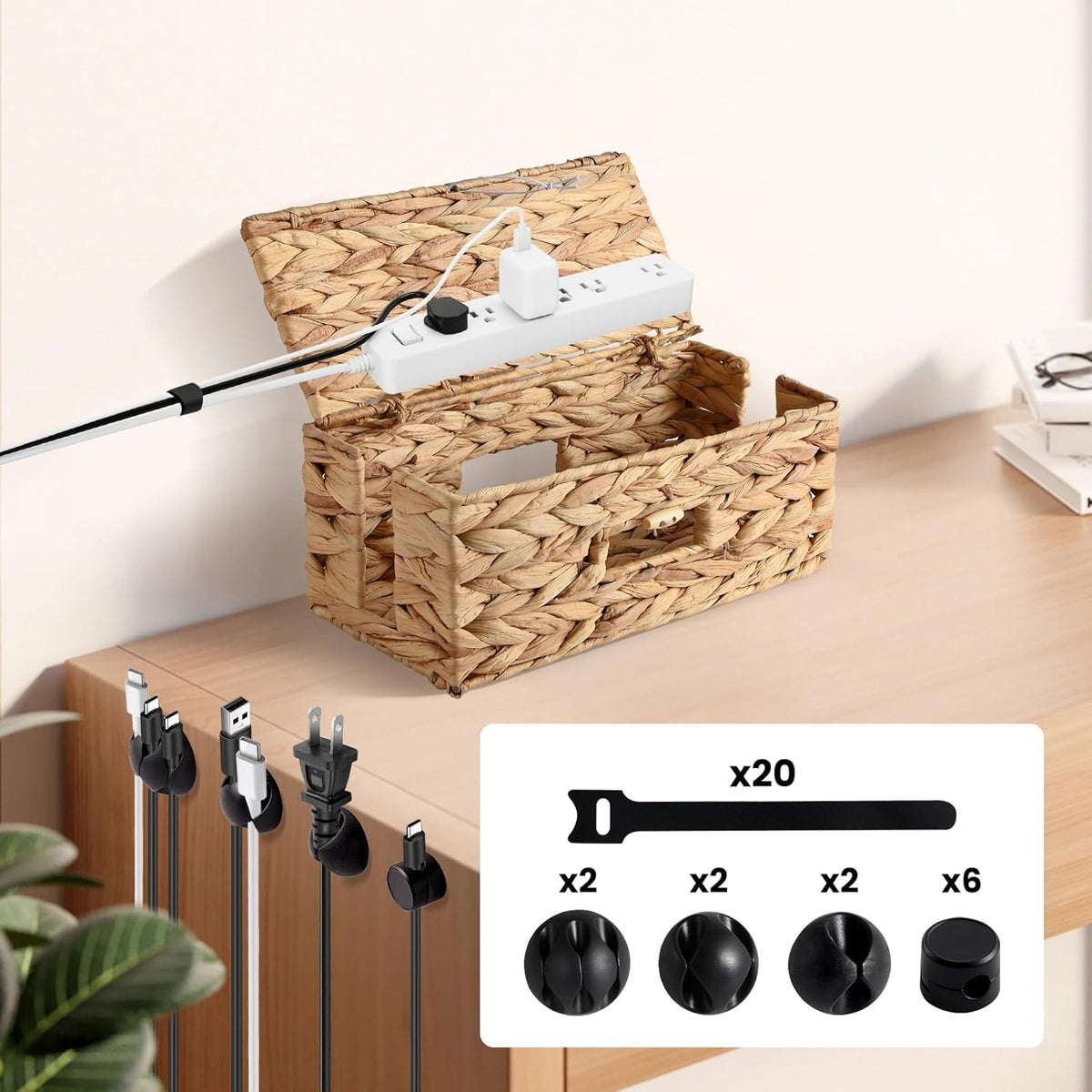 2 Pack Cable Management Box with Lid, Handwoven Water Hyacinth Cord Organizer, 4 Side Open Slots Cable Hider for Power Strips, Cords & Wires, Desk/Floor/Office Storage Box to Hide Electronics Clutter