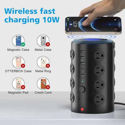 Tower Power Strip with 15W Wireless Charger, 20FT Extension Cord, 16 AC Outlets