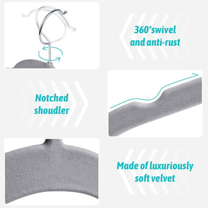Premium Velvet Shirt Hangers 30 Pack, Space-Saving Non-Slip Felt Hanger with 360° Swivel Hook, Slim Flocked Hangers for Strappy Dresses, Blouses, Tank Tops(Grey)