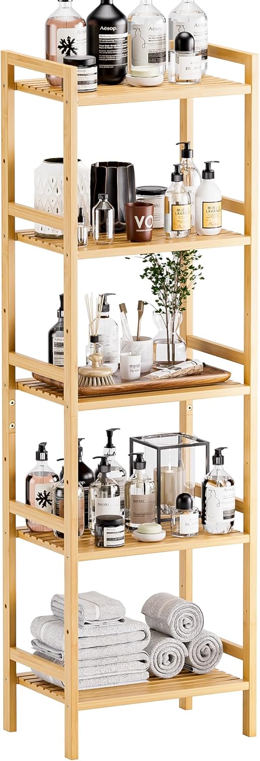 HITNET Tall Narrow Bookshelf, 5 Tier Bathroom Shelf Bamboo, Floor Standing Display Storage Organizer for Small Space, Adjustable Shelves, Natural Wood Bookcase