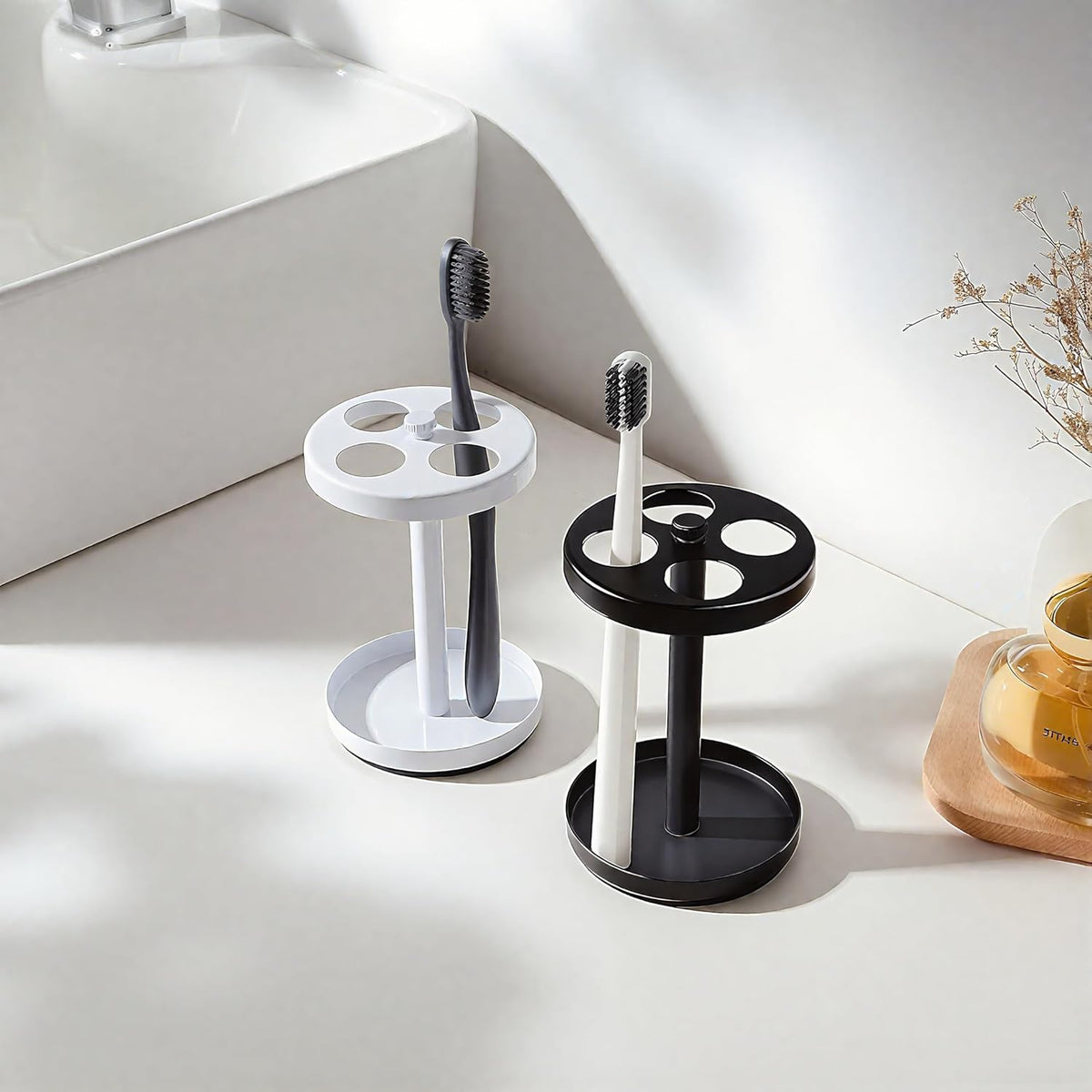 White Stainless Toothbrush Holder Stand: Rustproof Bathroom Countertop Organizer, 4 Ventilated Slots Hold Manual Toothbrushes, Razor