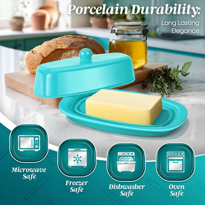 Flexzion Ceramic Blue European Butter Dish with Lid for Countertop (7 Inch) - 1 Stick Butter Holder for Counter, Cream Cheese Container Storage Keeper