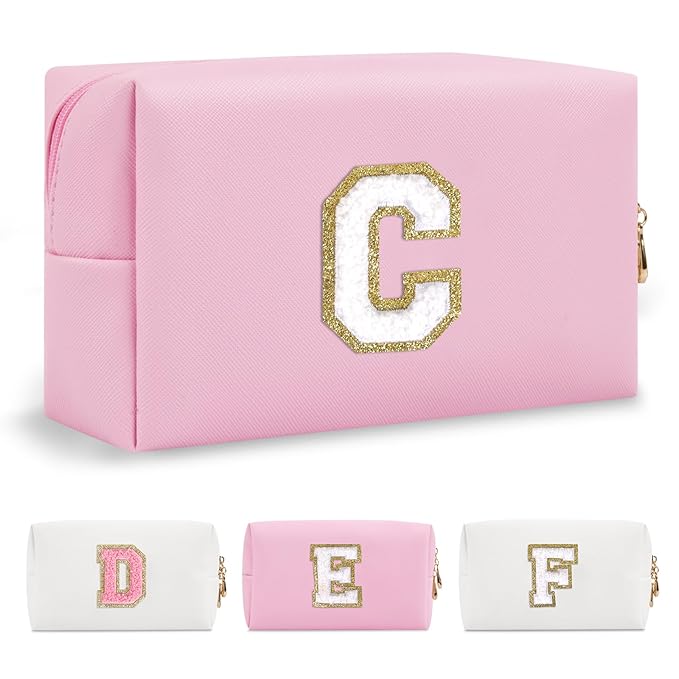 Personalized Initial A-Z Preppy Patch Makeup Bag,Small PU Chenille Letter Cosmetic Bag with Zipper for Teen Girls,Pink Cute Toiletry Organizer Bag,Monogram Makeup Case Gift for Women Girls,Letter C