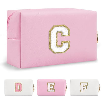 Personalized Initial A-Z Preppy Patch Makeup Bag,Small PU Chenille Letter Cosmetic Bag with Zipper for Teen Girls,Pink Cute Toiletry Organizer Bag,Monogram Makeup Case Gift for Women Girls,Letter C