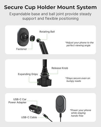 MagSafe 15W Fast Wireless Car Charger Cup Holder Mount, Compatible with iPhone Air/17/16/15/14/13/12 & Galaxy Phones, Strong Magnets for Secure Hold, Easy Installation