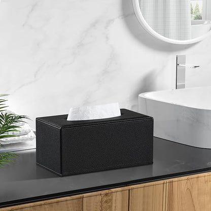 JLAMBOM Rectangle Tissue Box Cover for 120 to 160 Count Box of Tissues, PU Leather Tissue Holder with Magnetic Closure (Black)
