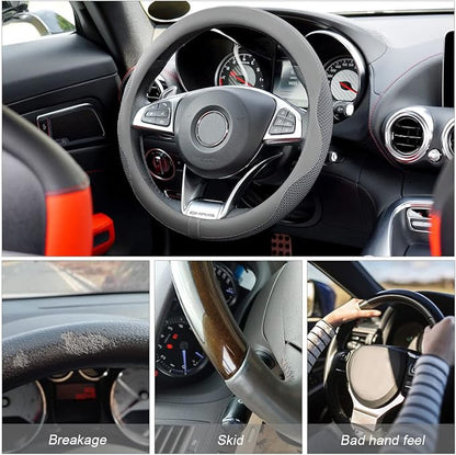 Car Steering Wheel Cover, Microfiber Breathable Ice Silk Leather Steering Wheel Cover Soft Anti-Slip Safety, 15inch Four Season Universal Fits for Most Truck,SUV,Cars (Gray)