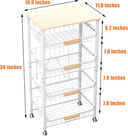 5-Layer Fruit Basket Kitchen Food Storage Organizer and Storage Rack, Stackable Storage cart with Desktop, Pull-Out Hollow Metal Storage Basket, Wheeled Sorting Rack Spice Rack