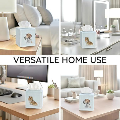 EmbroideryLinen.VN Tissue Box Cover Set of 2, Square Linen Tissue Holder, Printed Animal Pattern, 4.5x4.5x5.5 Inches, Decorative Holder for Bathroom, Living Room, Office (Dog - Ivory)