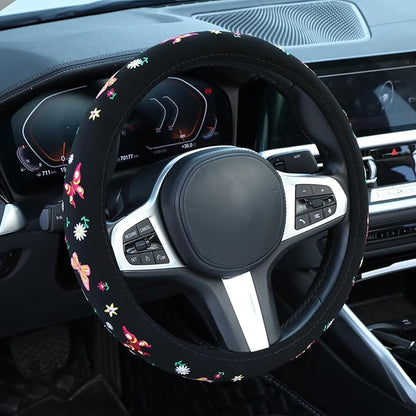 Embroidered Butterfly Daisy Cute Black Steering Wheel Cover, Auto Anti-Slip Breathable Steering Wheel Protector, Butterfly Floral Car Accessories for Women,Universal Size Fit Most Cars -15 inch