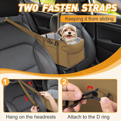 Portable Dog Car Seat for Small Dogs - Adjustable Safety Leash, Washable Cushion & Storage Pocket - Pet Booster Seat for Car Travel- Khaki