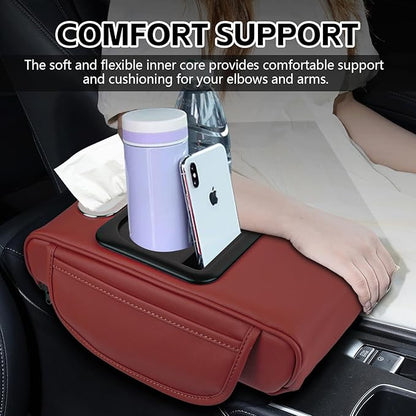 wuyaoyao Car Center Console Cover, 13.39"×8.27"×3.15" Leather Car Armrest Cover with Pocket & Tissue Box & Cup Holder, Multifunctional Auto Armrest Cushion Pad, Universal Car Accessories (Wine Red)