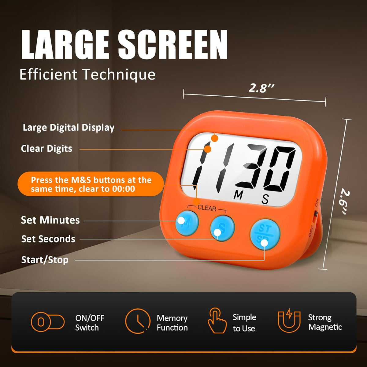 2 Pack Digital Kitchen Timer for Cooking Big Digits Loud Alarm Magnetic Backing Stand Cooking Timers for Baking Orange