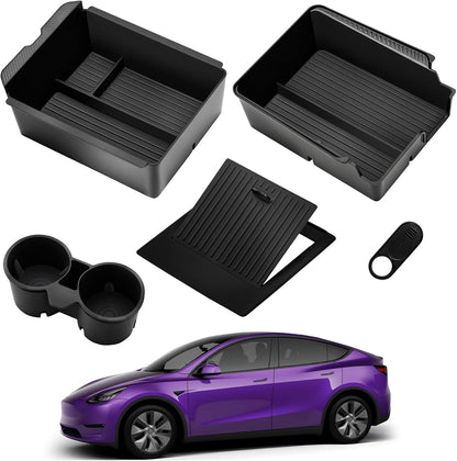 2025 Upgrade Center Console Organizer Tray for Tesla Model Y Accessories 2024-2020/For Tesla Model 3 Accessories 2023-2021 [Slide Smoothly/US Patent] Cup Holder Matte Black
