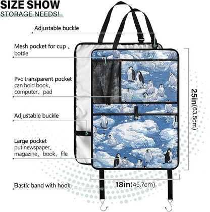1 Pack Back Seat Car Organizer with Storage Pockets Kick Mats Back Seat Protector Hanging Car Organizer Automotive Seat Back Cover Organizers Blue Penguins Ice Flowers Snow