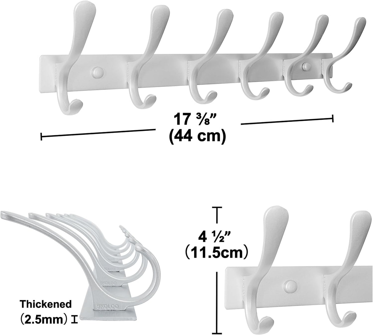SKOLOO Coat Rack Wall Mounted - 6 Hooks, Pack of 2, Heavy Duty, Stainless Steel, Metal Wall Hanger, Sturdy Coat Hooks for Hanging Coats, Jacket, Clothes, Hat, Cold Light Silver