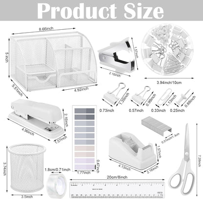 11 in 1 Desk Organizers and Accessories - White Office Supplies - Includes White Stapler, Tape Dispenser, Pen Holder, Staple Remover, Clips, Ruler, Scissors, Tapes, Tabs