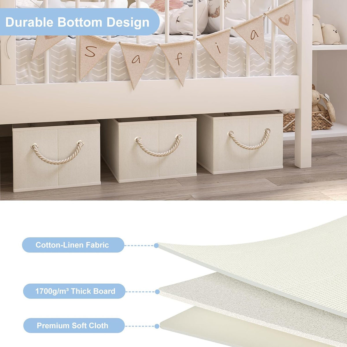 Closet Storage Bins, Linen Closet Organizers and Storage Basket for Shelves, Collapsible Shelf Baskets for Organizing Shelves, Bedroom Clothes Basket, Beige, 3 Pack