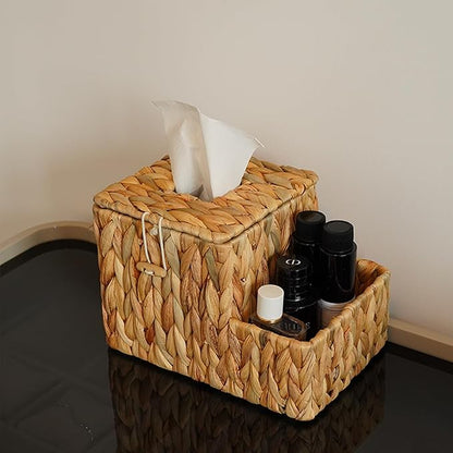 PINXIURY Water Hyacinth Tissue Box Cover Square, Tissue Box Holder, Tissue Box with Remote Organizer, Bedside Organizer, Remote Holder for Bedroom, Livingroom, Office
