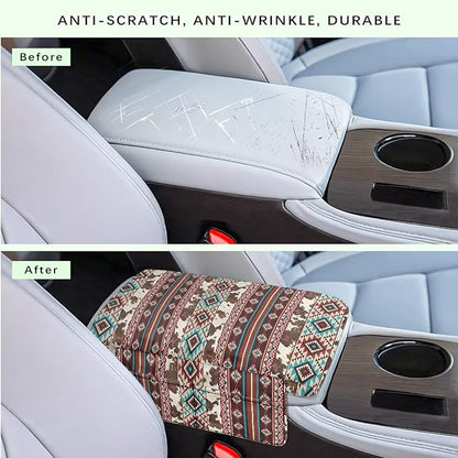 Wanyint Aztec Brown Cow Print Car Center Console Cushion Cover Comfortable Armrest Seat Box Lid with Organizer Pockets Anti-Scratch Arm Rest Covering Suitable for Most Cars SUVs Trucks