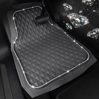 CAR PASS Bling Diamond Rubber Car Mats, Heavy Duty Deep Dish All-Weather Floor Mat Full Set Anti-Slip 3D Rhombus Waterproof Trim Fit Liner Universal Glitter Sparkly Shining Rhinestone, Gray Rubber