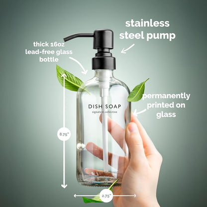Vine Creations Clear Glass Soap Dispenser Set, Dish Soap and Hand Soap Dispenser Set with Stainless Steel Pump, 16 oz Glass Dispensers for Kitchen Bathroom Decor (Clear Bottle/Matte Black Pump)